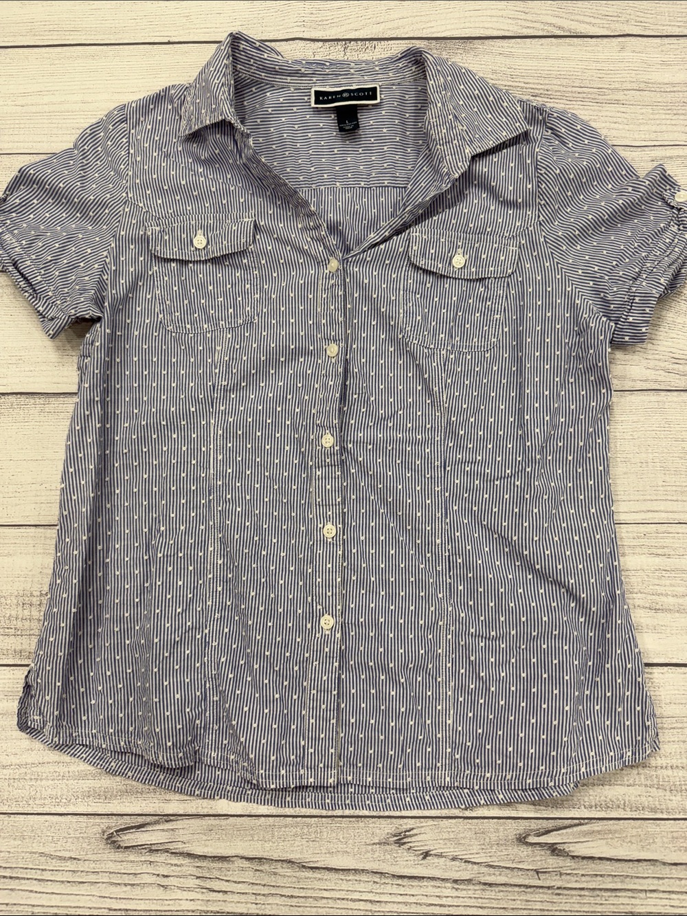 Karen Scott Womens Large Blue Stripe Button Front Cotton Shirt Top